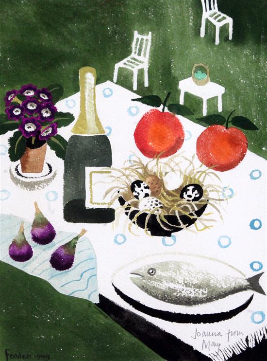 § Mary Fedden (1915-2012) Table top still life in a garden 11.5 x 8.5in.